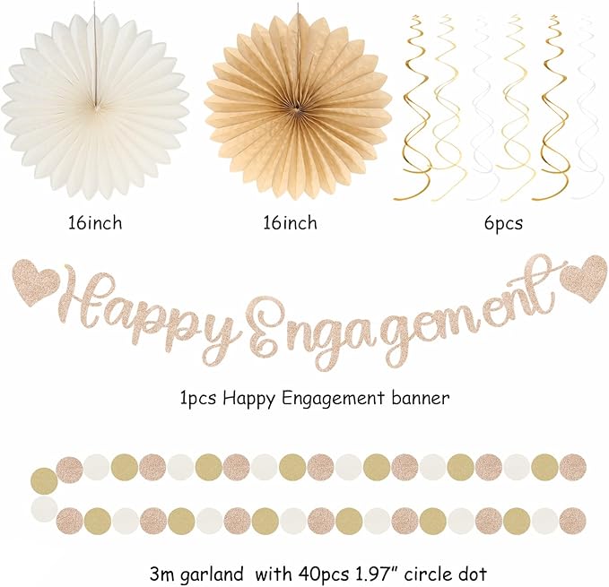 Champagne-Gold Fall Boho Happy-Engagement Party-Decorations - 21pcs Women She Said Yes Proposal Banner Streamers, Beige One Sweet Peach Paper Lanterns,Flower Tissue Pom Poms Fan Favors Decor Huglony