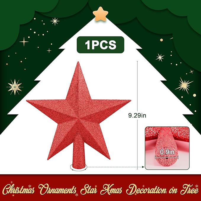 Christmas Tree Topper 10 Inch,Glitter Christmas Ornaments Star Xmas Decoration on Tree for Holiday Ornament or Home Decor(Red)