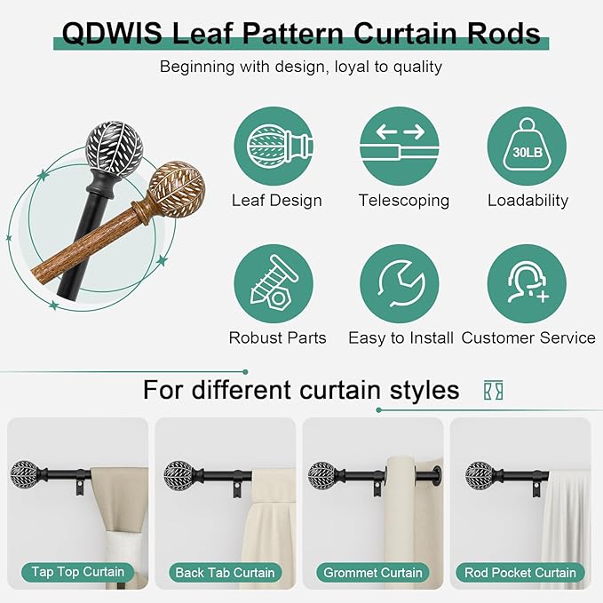 2 Pack Black Curtain Rods for Windows 48 to 84 Inch,1'' Diameter Drapery Rods with Leaf Pattern Finials,Decorative Adjustable Heavy Duty Curtain Rods Set,36-88''