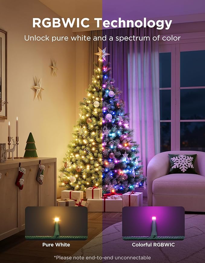 Govee Christmas Sparkle String Lights 66ft, RGBWIC String Lights with 250 Bullet-Head LEDs, App-Controlled, 140+ Scene Modes, 3D Shape Mapping, Music Sync, Works with Alexa, Indoor Holiday Decorations