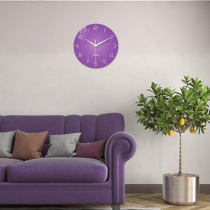 XNM Purple Wall Clock for Girls Bedroom Analog Simple Wall Clocks Battery Operated 12 Inch Round Silent Wall Clock Small