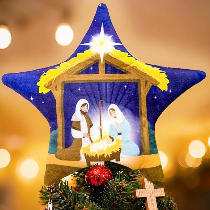 Eyourlife Jesus Nativity Tree Topper, 8 Inch Velvet Christmas Star Tree Topper with Tree Tie Straps Double-Layer Sponge Tree Decoration for Family Winter Holiday Party Supplies and Gifts