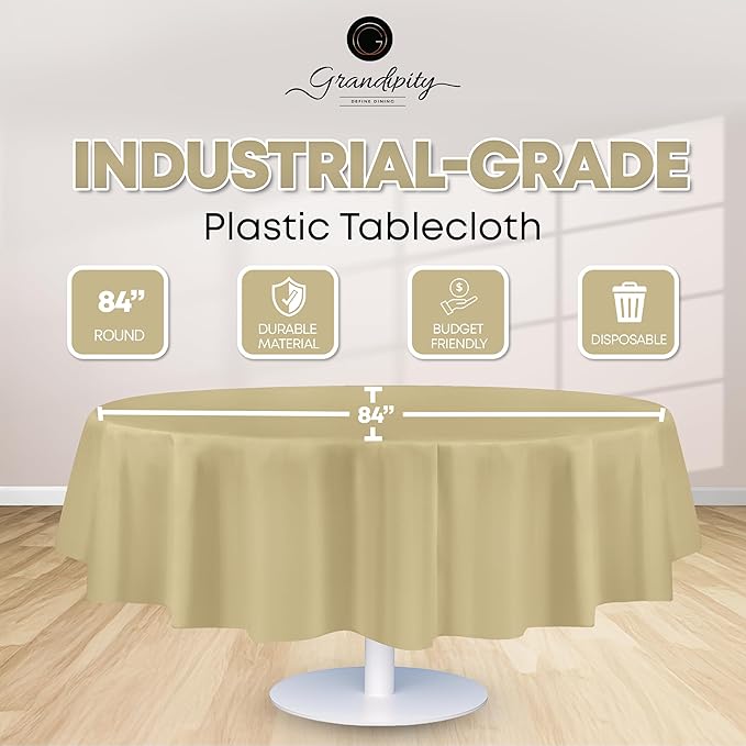 Grandipity 12 Pack Premium Disposable Plastic Tablecloth 84" Inch Decorative Round Table Cover - Beige