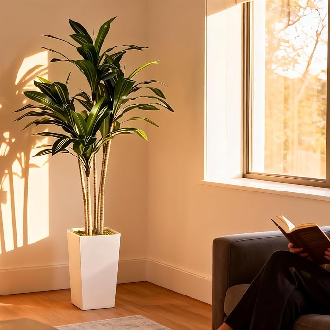 Artificial Dracaena Tree 5FT with White Tall Planter - Faux Tree Tall Fake Floor Plant in Pot-Artificial Plants Indoor for Home Office Living Room Décor (Dracaena 5ft)