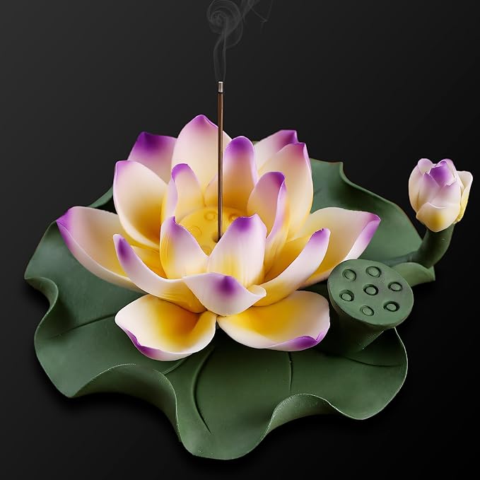 Lotus Incense Burner - Incense Burner Holder for Home Incense Holder Decor Incense Holder for Sticks Yoga, SPA (Z1-Purple Yellow)
