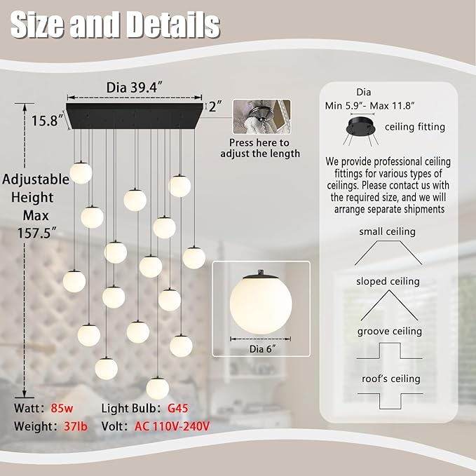 Modern Rectangular Chandelier,15 Lights White Globe Chandelier Lighting,Industrial Linear Pendant Light Fixture for Dining Living Room Kitchen Island