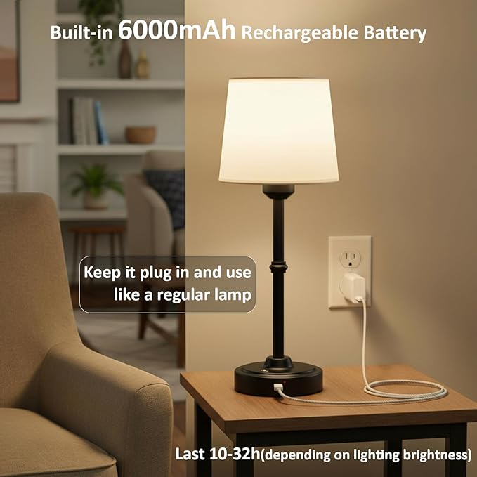 Cordless LED Table Lamp, Portable Fabric Shade Desk Lamp, 6000mAh Rechargeable Battery Operated Lighting, 3000K Warm Ambient Light for Restaurant/Bar/Bedroom/Beside/Nightstand, Black