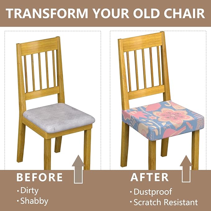 Stretch Dining Chair Seat Covers Set of 6,Dining Chair Slipcovers, Floral Printed Chair Covers,Soft Fabric Washable Upholstered Chair Seat Protector, No Rear Covers for Home Kitchen Dining Room