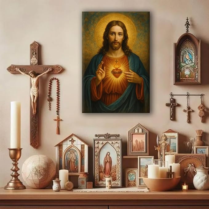 Eysintum Sacred Heart of Jesus Wall Art Christian Canvas Print Religious Home Decor Catholic Picture for Bedroom Living Room Prayer Room Ready to Hang 12x16in