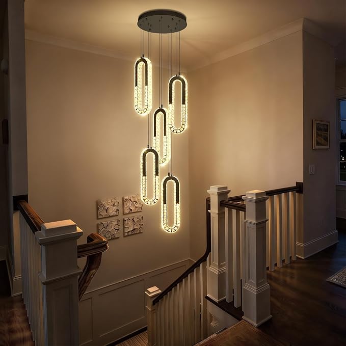 5 Rings Crystal Chandeliers for Staircase Large Pendants Light Fixture Black High Ceiling Chandelier for Entryway Bedroom Foyer 2700K-6000K