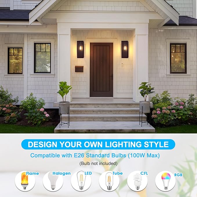 2-Pack Outdoor Wall Lanterns, 16” Exterior Waterproof Outdoor Lights with Glass Shades, Brown Porch Lights Wall Mounted, Anti-Rust E26 Modern Lighting Fixtures for Patio Garage Entryway Front Door