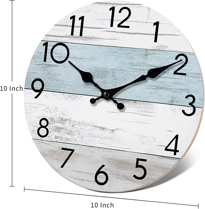 Wall Clock Silent Non-Ticking Wooden Clocks Battery Operated 10 Inch Small Country Retro Rustic and Beach Style Decorative for Living Room, Kitchen, Home,Bathroom, Bedroom (Blue)