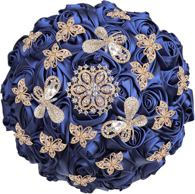 Handmade Floral Satin Rose Butterfly Shape Rhinestone Bridal Bouquet Luxury Golden Rhinestone Artificial Flowers for Wedding