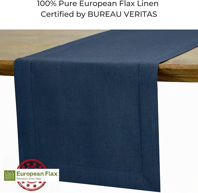 D'Moksha Homes Linen Navy Blue Table Runner 132 Inches Long - 100% Pure Linen Extra Long Table Runner 14 x 132 Inch for Easter - Classic Hemstitch
