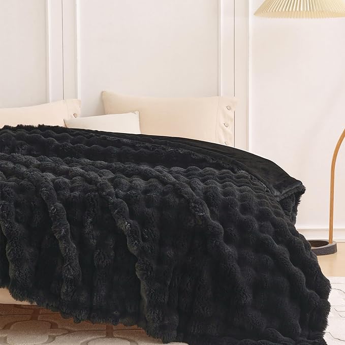 COOVA Faux Fur Throw Blanket for Couch, Cozy Soft and Fuzzy Plush Rabbit Fur Bubble Blanket for Sofa Bedroom Living Room, 50x60 Inches Black