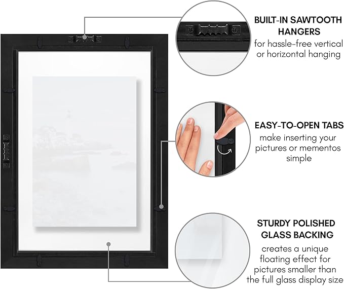 Americanflat 12x18 Floating Picture Frame with Polished Crystal-Clear Glass - Use as 8x10 Picture Frame or Display 5x7 Photo - Signature Float Collection - Photo Frames for Wall Display - Black