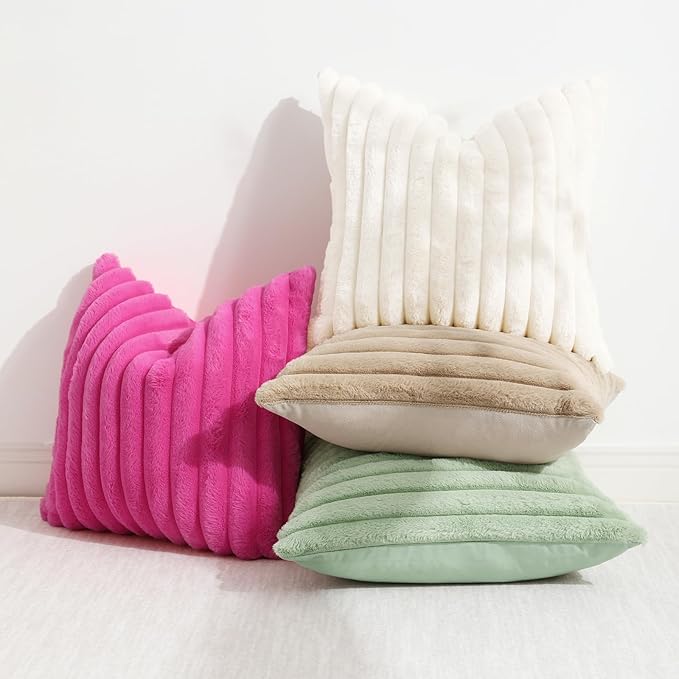 decorUhome Faux Fur Christmas Throw Pillow Covers 22x22 Set of 2, Decorative Soft Plush Striped Neutral Couch Euro Pillow Covers with Velvet Back for Sofa, Bed, Living Room Home Decor, Hot Pink