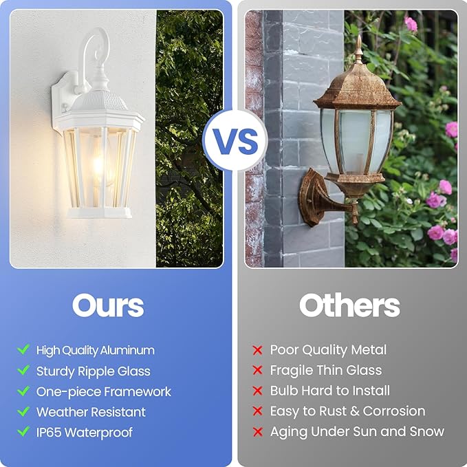 Outdoor Wall Lantern, Waterproof Exterior Wall Light Fixtures, Outdoor Porch Light Fixtures Wall Mount in White Finish with Clear Glass, Aluminum Alloy, 60W