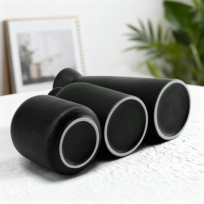 Christmas Black Ceramic Flower Vases Set of 3, Large Xmas Gift Vases with Vertical Stripe Texture, Modern Decorative Vases for Dried Flowers, Home Decor for Living Room Bedroom Kitchen Shelf