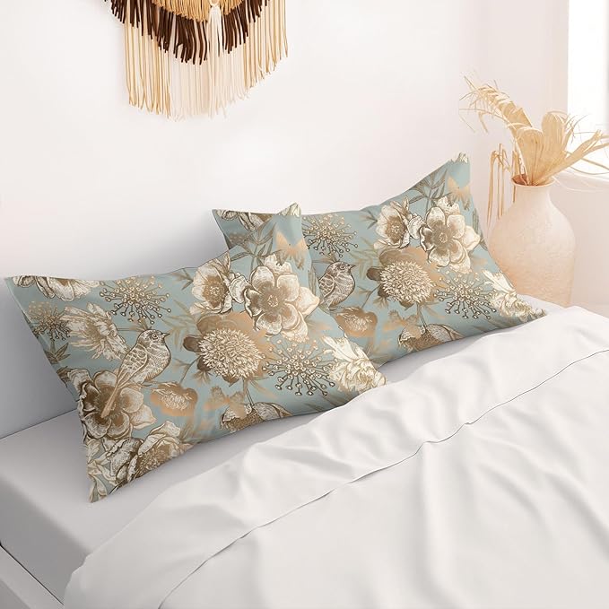 Chinoiserie Pillow Protectors with Zipper Standard Size Vintage Floral Birds Print Pillow Covers Set of 2 Rustic Nature Gold Flowers Pillow Cases Antique Mid Century Modern Bed Pillow Covers 20"x36"