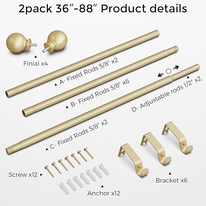 2 Pack Gold Curtain Rods, Curtain Pole for Window 48 to 84 Inch(4-7 Feet), 5/8 Inch Decorative Drapery Pole, Gold Splicing Curtain Rod Set, Size: 36"-88", Brass Gold