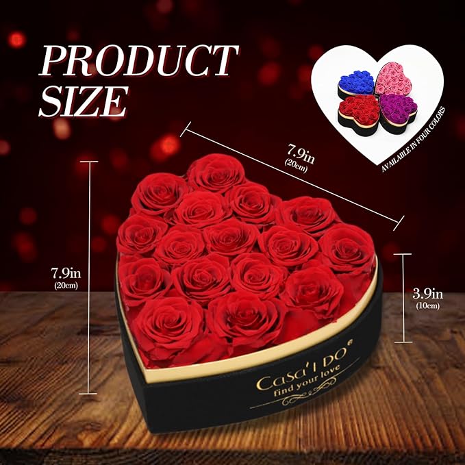 Preserved Roses Flowers for Delivery 16 Pcs, Forever Flores in Heart Box with Necklace, Eternal Rose Anniversary Birthday Gift for Women Wife Girlfriend, Rosas for Valentines Christmas, Red