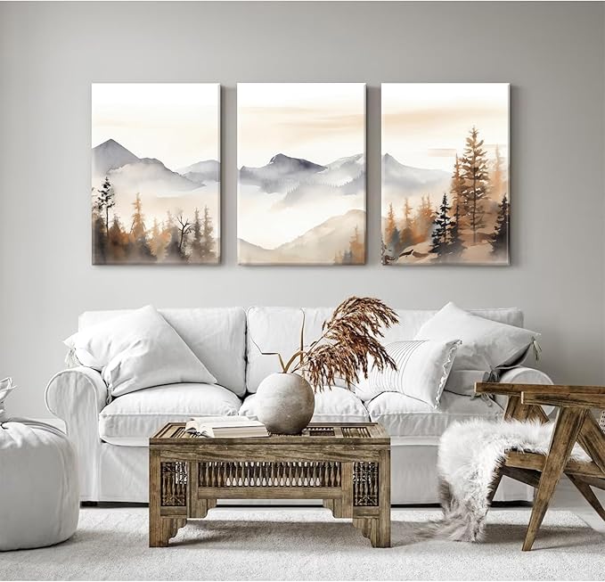 Neutral Mountain Wall Art Decor Set of 3 Forest Canvas Wall Art Poster Landscape Wall Art Artwork Modern Pictures Abstract Painting Watercolor Prints for Living Room Bedroom 12x16 Inch Wrapped Canvas