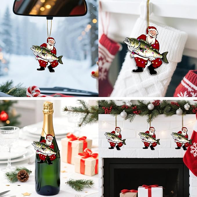 Santa Clause Holding a Fish Christmas Tree Keepsake Ornaments, Fishing Themed 2 Side Printed Flat Wooden Ornament, Xmas Hanging Decor