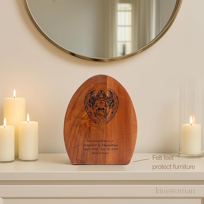 Custom Angel Praying Cremation Urn for Adult Ashes - 250 Cubic Inches - Extra Large Wooden Memorial Casket - Engraveable, Personalized Decorative Urns