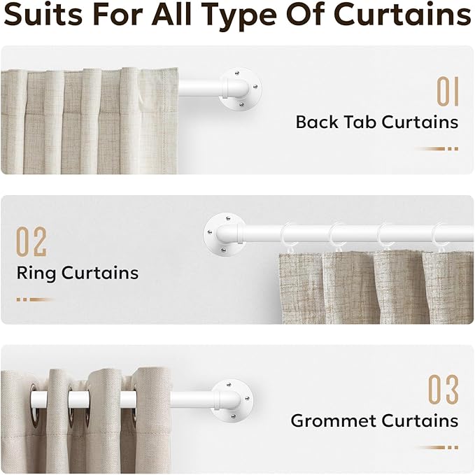 Zeerobee Curtain Rods for Windows 48 to 84, 1 Inch Industrial Wrap Around Curtain Rod, Indoor/Outdoor Room Divider Adjustable Drapery Pole, 48"-86", White
