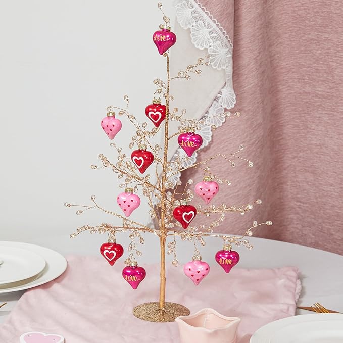 WDS WONDROUS 12Pcs Heart Ornaments Set, 3 Style Pink Red Heart Baubles for Valentine's Day Wedding Party Decorations, Hanging Decor for Christmas Tree Anniversary Celebration