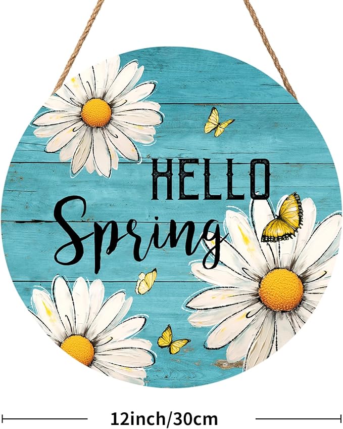 Spring Daisy Flower Sign for Front Door Hello Spring Wall Hanging Sign 12”x12” Welcome Butterfly Wood Door Hanger Farmhouse Rustic Blue Daisy Floral Wreath Sign for Home Outdoor Outside Porch Decor