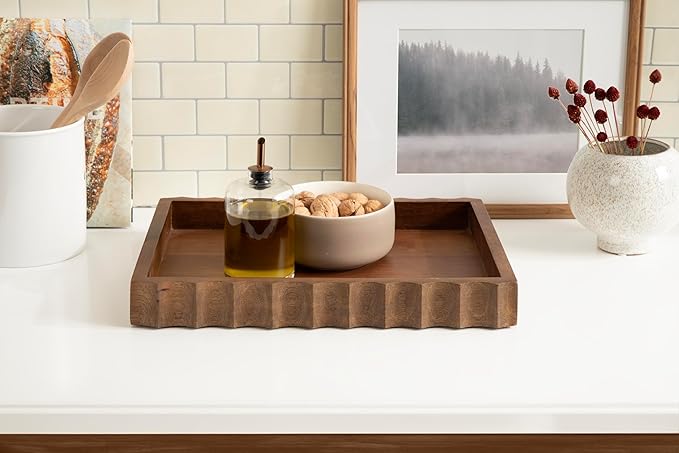Kate and Laurel Lissi Decorative Rectangle Tray with Wavy Design, 16 x 12, Walnut Brown, Mid-Century Modern Scalloped Serving Tray for Coffee Table, Dining Table, or Entryway