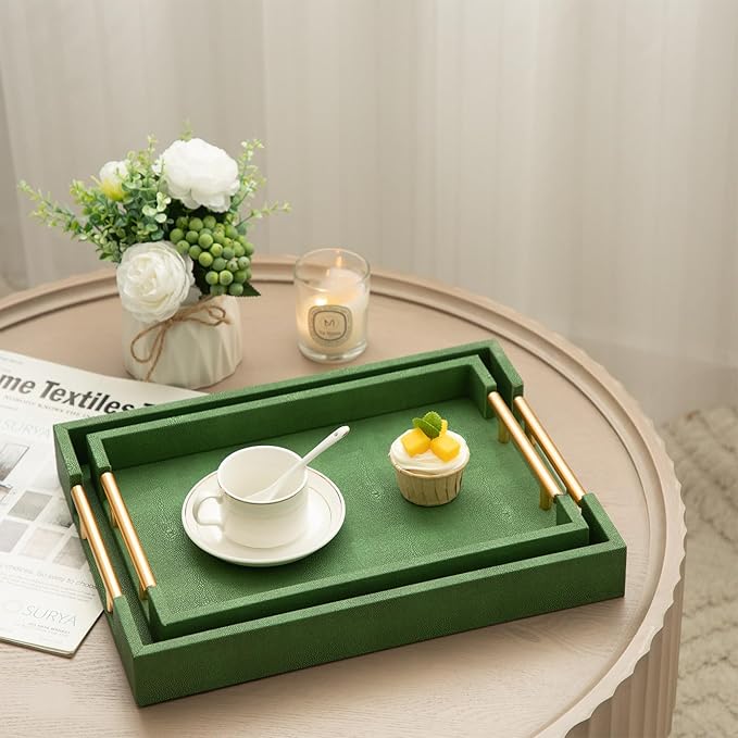 Decorative Tray Set of 2, Green Shagreen Leather Tray, Modern Elegant Rectangle Serving Trays with Gold Polished Metal Handles, Ottoman Trays Coffee Table Perfume Kitchen Home Decor