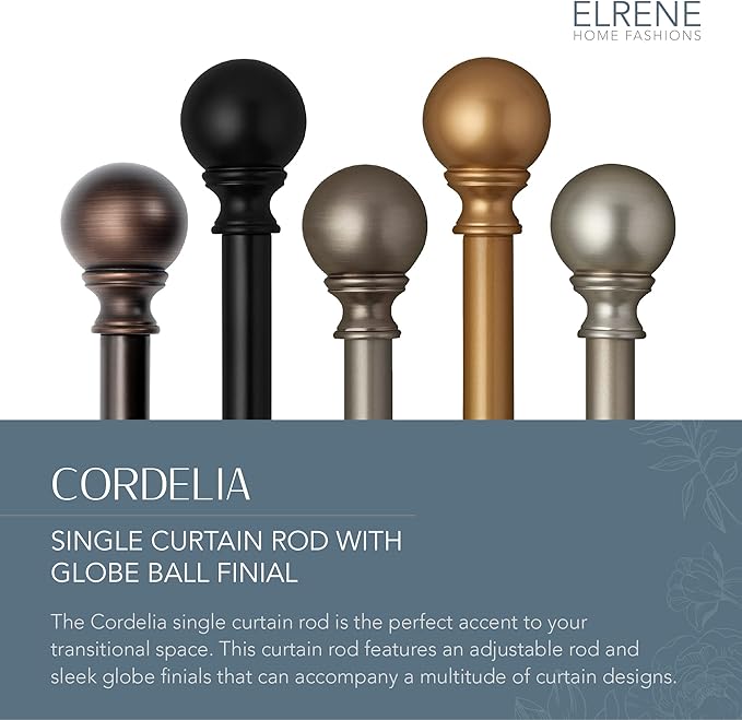 Elrene Home Fashions Cordelia Adjustable Single Curtain Rod with Globe Ball Finials, 1 Inch Diameter, Polished Nickel, 86-120"