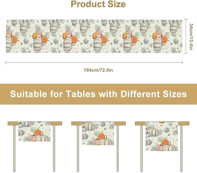 Fall Pumpkin Table Runner Vintage Leaves Plant Motifs Thanksgiving Theme Watercolor Illustration Home Decor for Farmhouse Indoor Outdoor Party Holiday Dining Kitchen Restaurant Cafe W13xL108in
