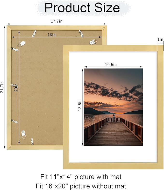16x20 Poster Frame Set of 2, 16 x 20 Wood Picture Frames with Mat for 11x14, Wooden Photo Frame with Tempered Glass Cover for Wall Mounting Display, Gold