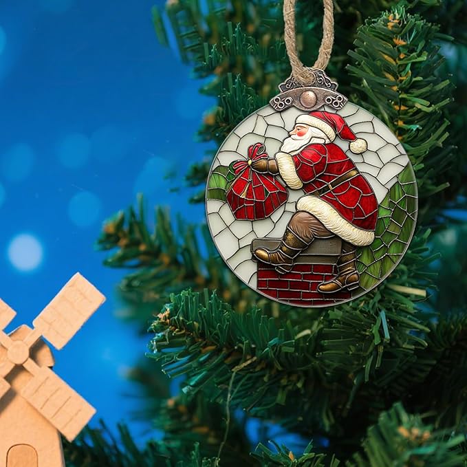 Stained Glass Christmas Decorations, Santa Claus Climbing The Chimney Suncatcher for Window Christmas Tree Hanging Ornaments Sun Catcher Xmas Decor Gifts for Women Men Mom Nana Friend