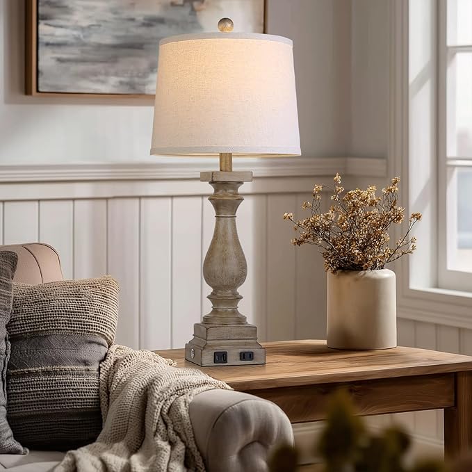 28" Tall Farmhouse Table Lamp with USB C+A Ports and AC Outlet, 3 Way Touch Control Rustic Bedside Lamp for Bedroom, Brown Vintage Nightstand Lamp for Living Room Office