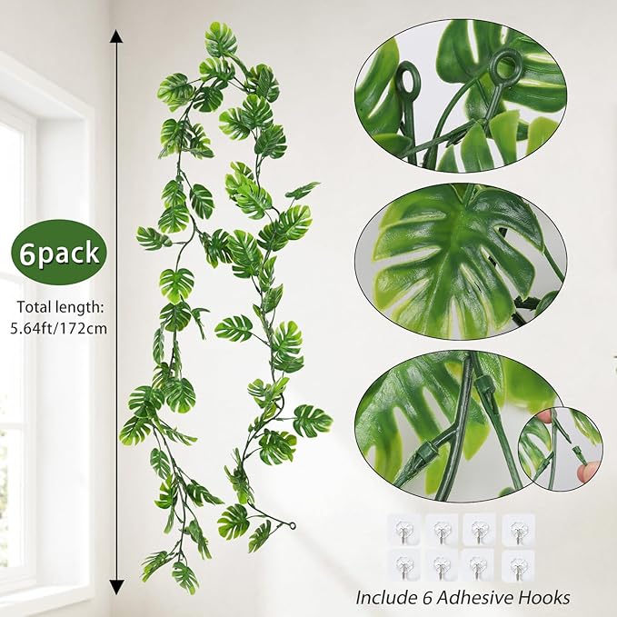 RECUTMS 6Pcs Artificial Monstera Leaf Vines, 5.9FT Faux Tropical Monstera Garland Fake Hanging Plant Ivy Palm Leave Greenery Vine for Garden Porch Patio Jungle Luau Party Birthday Indoor Outdoor Décor