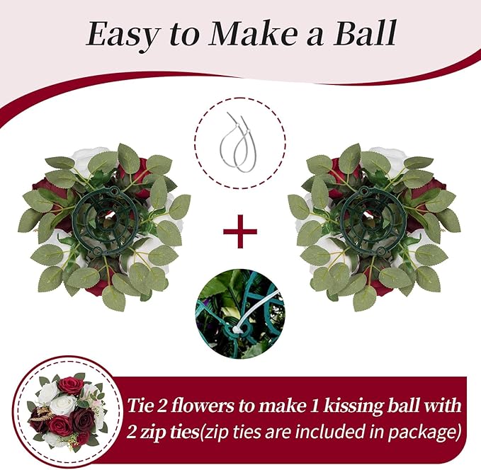BLOSMON Artificial Flowers Ball Wedding Centerpieces 2 Pcs Burgundy Rose Artificial Flower Center Pieces Decoration for Table Silk Kissing Ball Faux Floral Bouquet Arrangements Home Party DIY Decor