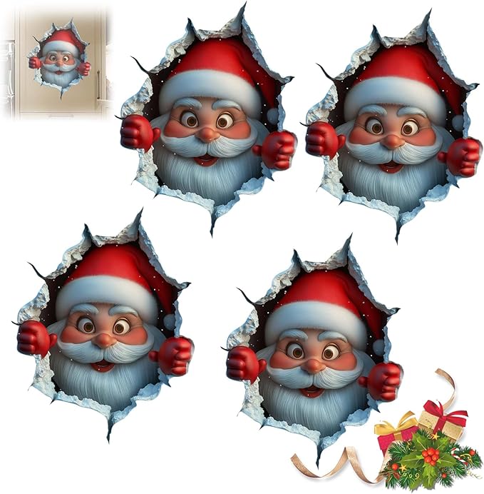 Christmas Creative Wall Sticker, 2026 New 3D Wall Breaking Santa Claus Sticker, Removable Xmas Holiday Decals for Walls, Festive Living Room Decor for Home Door Window (4 PCS)