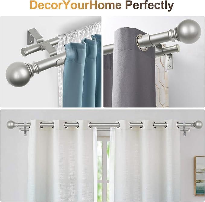 KAMANINA Silver Double Curtain Rods for Windows 66 to 120 Inches (5.5-10 Feet), 1 Inch Adjustable Heavy Duty Drapery Rod, Telescoping Dual Curtain Rod with Round Finials