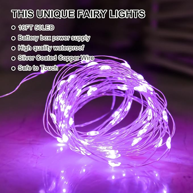 Purple Fairy Lights Battery Operated (Included), 8 Modes & Auto Timer, 2 Packs 5m 50Led Mini Twinkle Silver Wire Firefly Starry Lights, Waterproof Battery Operated Lights for Wedding Parties