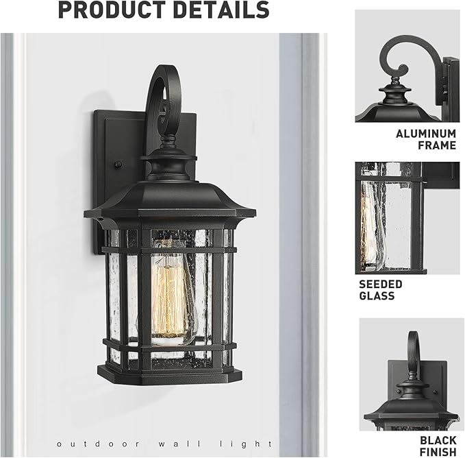 Emliviar Outdoor Wall Lanterns 2 Pack, 1-Light Exterior Wall Mount Light, Black Finish with Clear Seedy Glass, 2084B-2BK