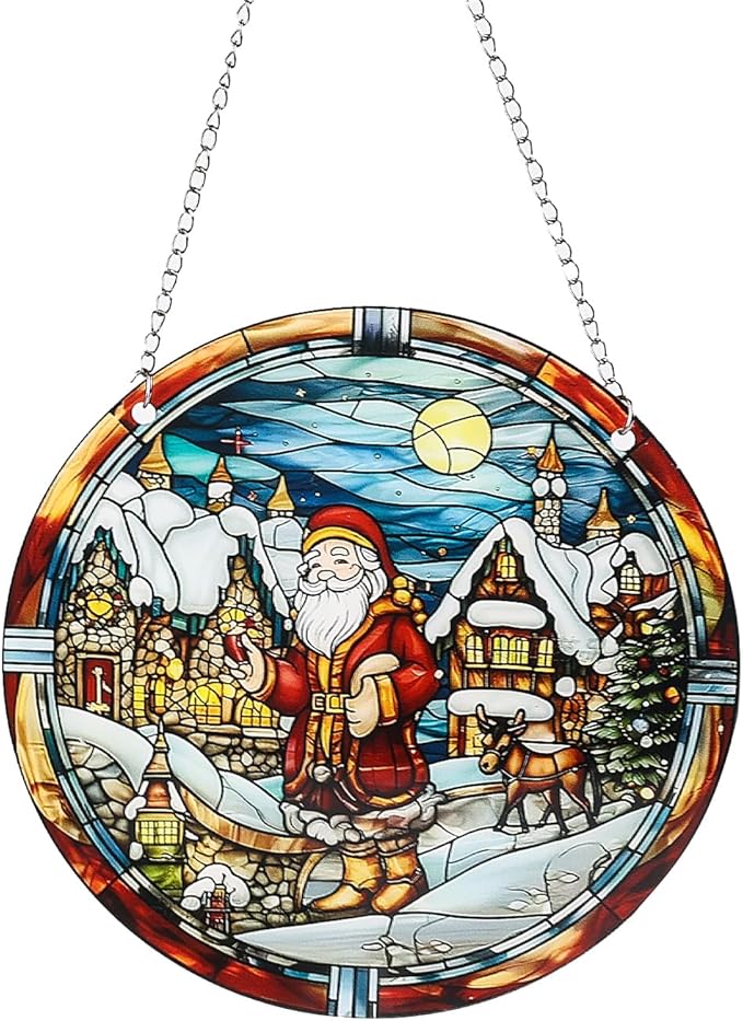 Christmas Santa Gingerbread Man Acrylic Disc Ornament for Tree, Wall, Window, Holiday Home Party Decoration (M)