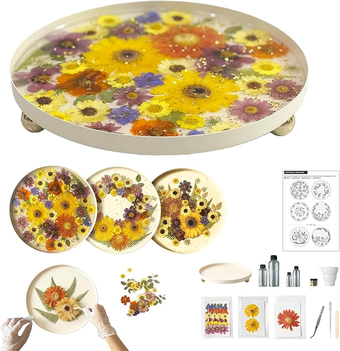 DIY Decorative Tray Craft Kit for Adult - Create Your Own Real Flower Tray with Epoxy Resin, Metal Tray for Vanity, Perfume, Key, Trinket Organizer, Table Decor, Beginner Friendly (Beige, Pro)