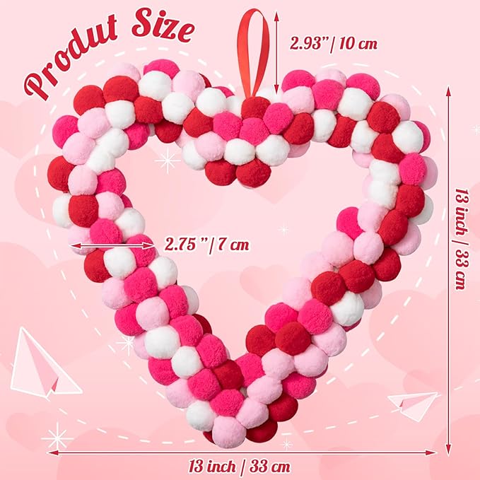 Valentine's Day Heart Felt Pom Pom Wreath, 13" Wool Felt Ball Heart-Shaped Valentines Door Wreath, Pink Felt Heart Wreaths for Valentine Decor, Pompom Valentine Wreaths for Wedding Holiday Anniversary