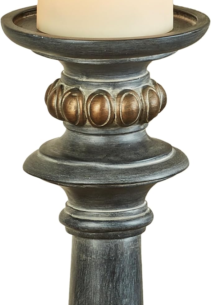 Aurora Tall Floor Candleholder | Neutral Antique Black Finish with Metallic Highlights | Holds Your Pillar Candle in a Classic Turned Spindle Pedestal Candlestick Design | 36 Inch Tall Candle Stand