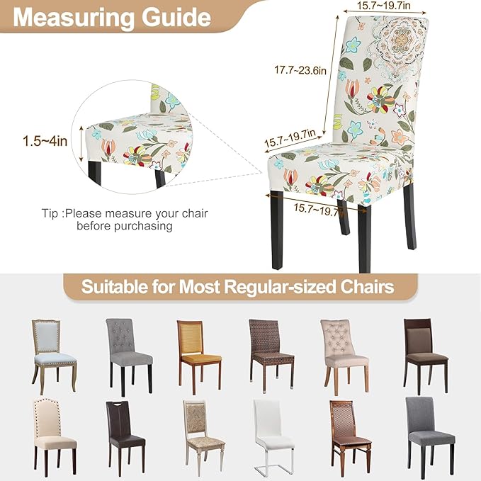 SearchI Dining Room Chair Covers Set of 6, Stretch Printed Flower Kitchen Chair Slipcovers Removable Washable Parsons Chair Covers Protector for Dining Room, Hotel, Ceremony (Floral Pattern1)